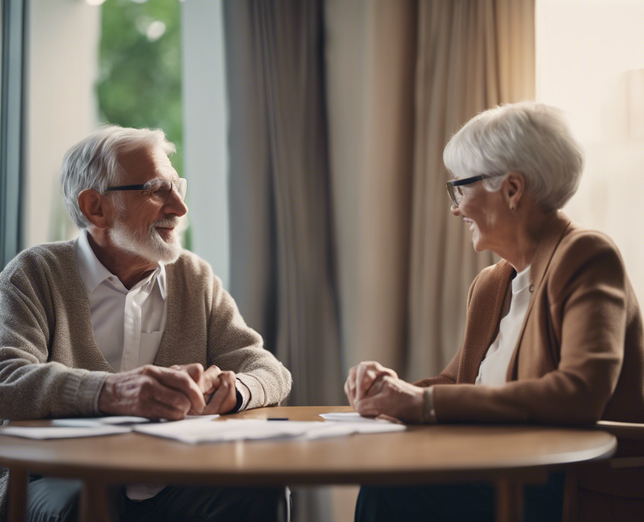 A retired couple sitting with a consultant